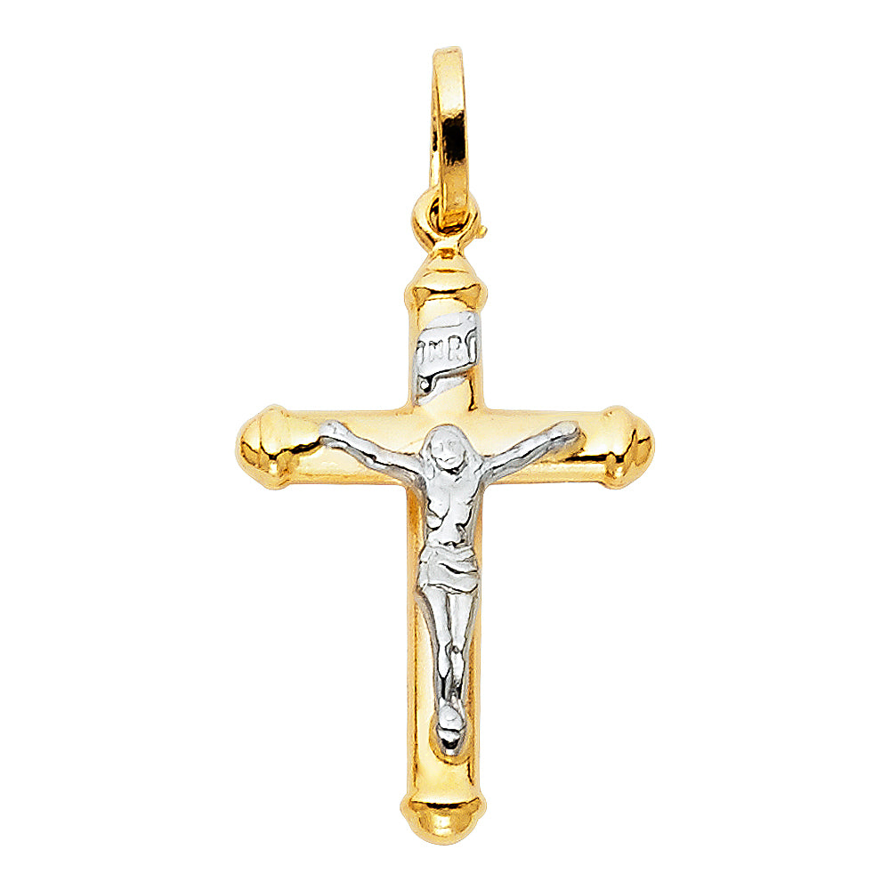Small 14K Two-Tone Yellow & White Gold Hollow Catholic Crucifix Cross Pendant - 15×30mm