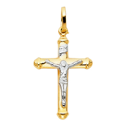 Small 14K Two-Tone Yellow & White Gold Hollow Catholic Crucifix Cross Pendant - 15×30mm