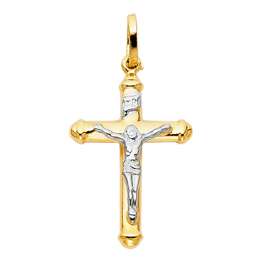 Small 14K Two-Tone Yellow & White Gold Hollow Catholic Crucifix Cross Pendant - 15×30mm