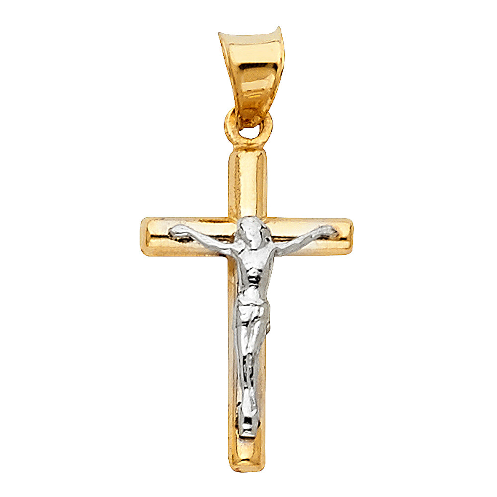 14K Two-Tone Gold Jesus Crucifix Cross Pendant – Round Tube Religious Charm