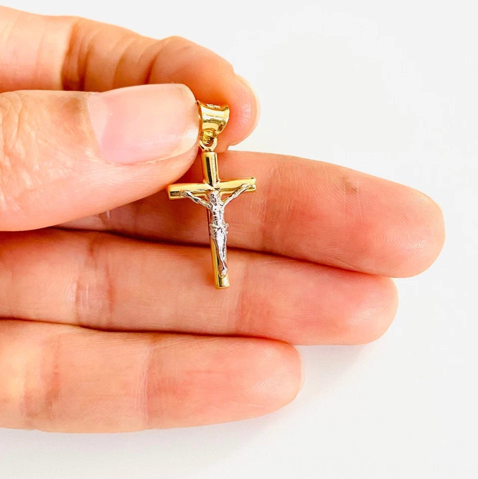 14K Two-Tone Gold Jesus Crucifix Cross Pendant – Round Tube Religious Charm