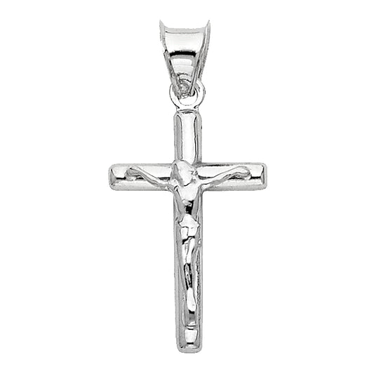 14K White Gold Lightweight Unisex Hollow Round Tube Crucifix Cross Religious Pendant
