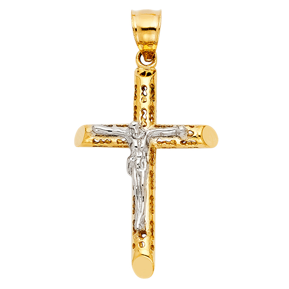 14K Two-Tone Gold Cut-Out Crucufix Charm Religious Pendant - 35x20mm