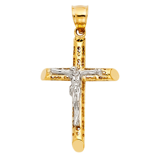14K Two-Tone Gold Cut-Out Crucufix Charm Religious Pendant - 35x20mm