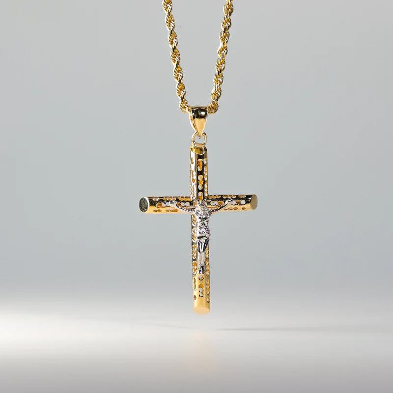 14K Two-Tone Gold Cut-Out Crucufix Charm Religious Pendant - 35x20mm