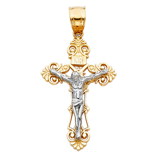 14k Solid Two-Tone Gold Crucifix Cross Jesus Religious Charm Small Pendant