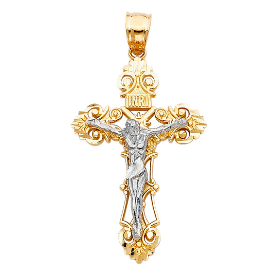 14K Real Two-Tone Gold Religious Jesus Crucifix Cross Charm Pendant