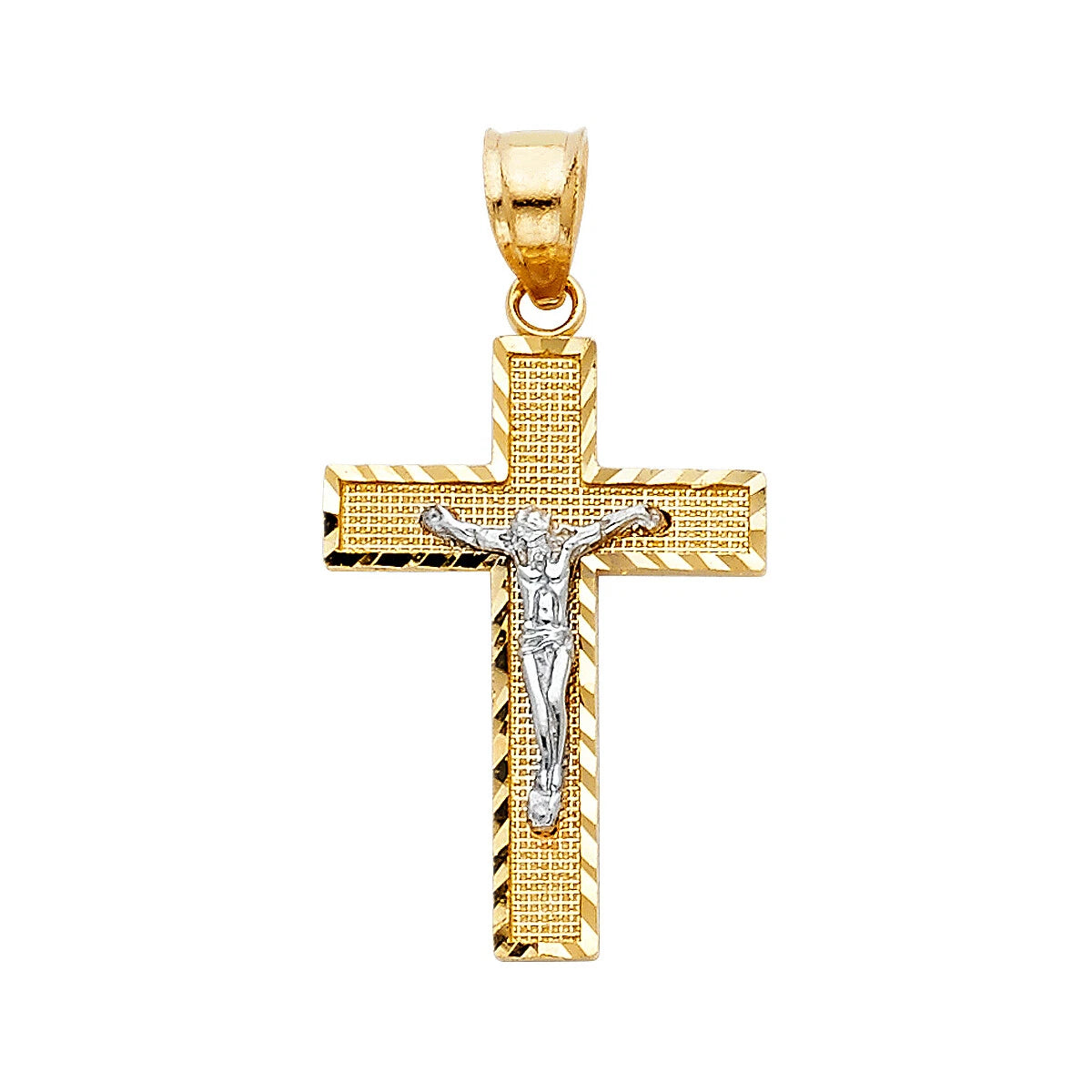 Gold cross pendant with Jesus Christ figure on a white background