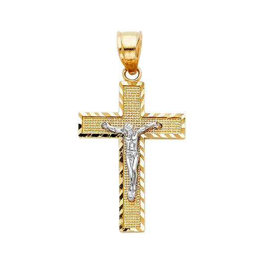 Gold cross pendant with Jesus Christ figure on a white background