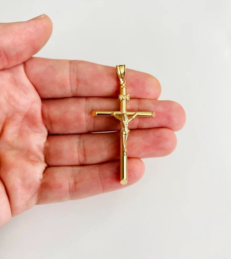 14K Real Yellow Gold 2.36" Jesus Christ Crucifix Cross INRI Pendant