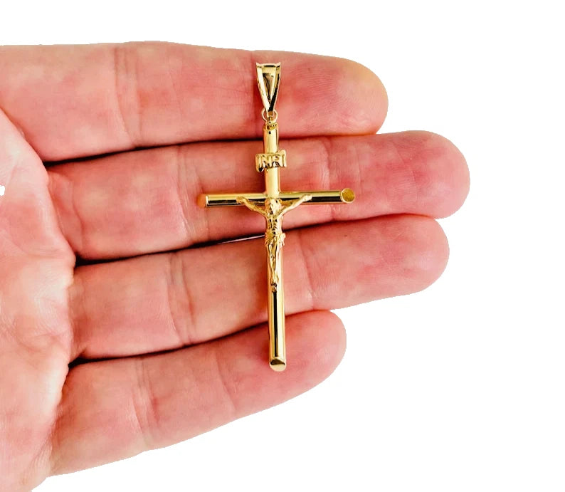14K Real Yellow Gold 2" Jesus Christ Crucifix Cross INRI Pendant