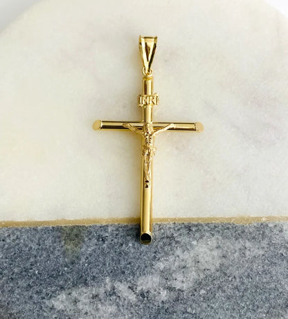 14K Real Yellow Gold 2" Jesus Christ Crucifix Cross INRI Pendant