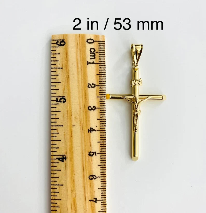 14K Real Yellow Gold 2" Jesus Christ Crucifix Cross INRI Pendant
