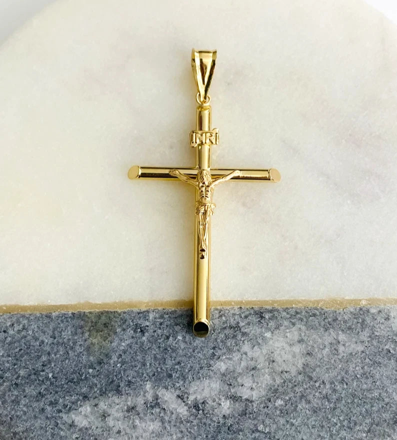 14K Yellow Gold Jesus Christ Crucifix Cross INRI Religious Pendant