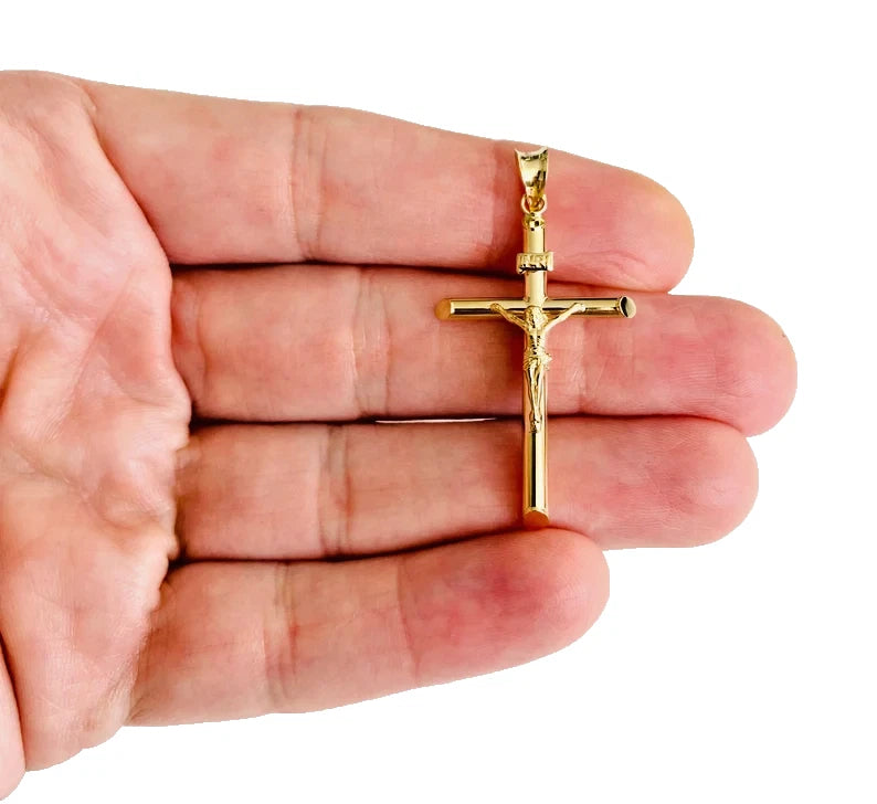 14K Real Yellow Gold 1.5" Jesus Christ Crucifix Cross INRI Pendant