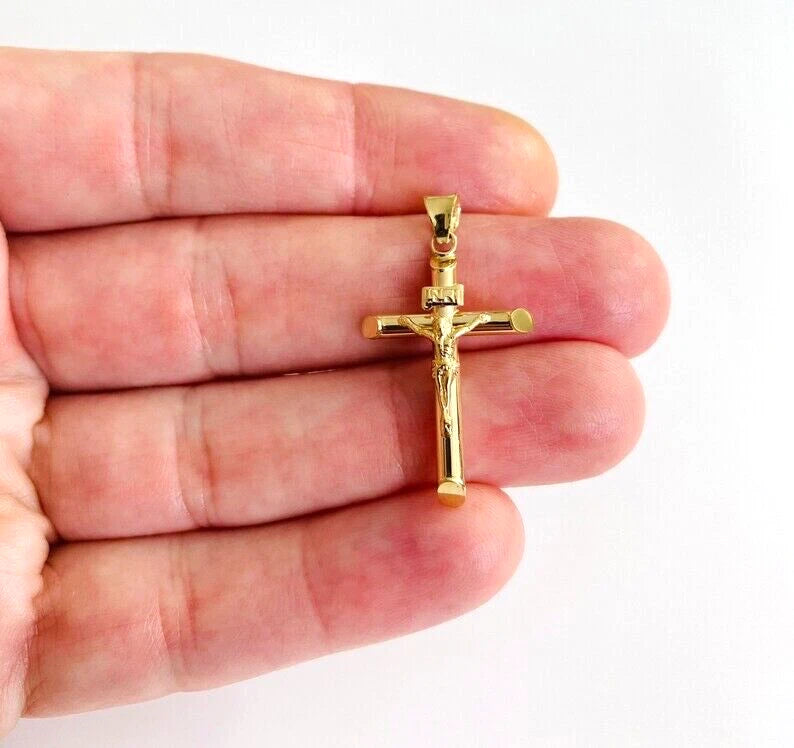 14K Real Yellow Gold 1.2" Jesus Christ Crucifix Cross INRI Religious Pendant