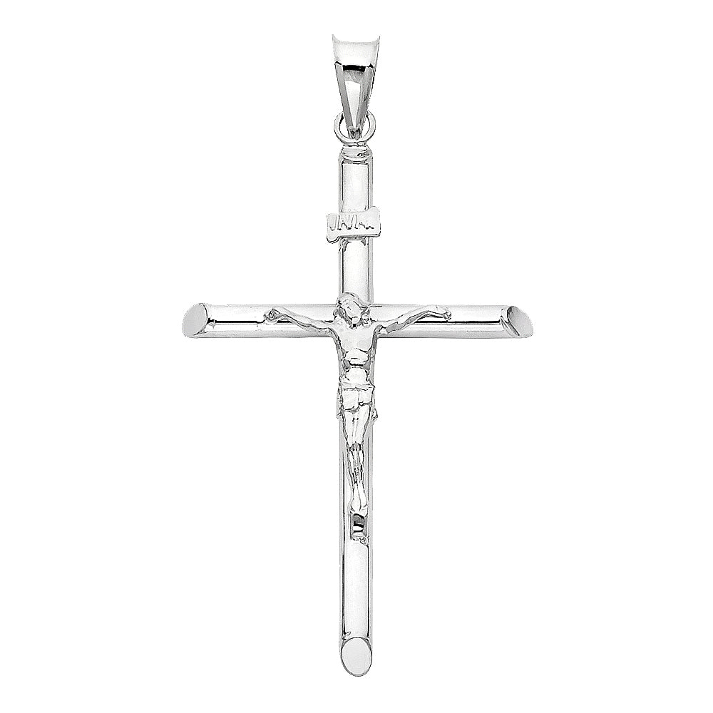 White gold crucifix pendant on a white background available on the TX.ORO website.