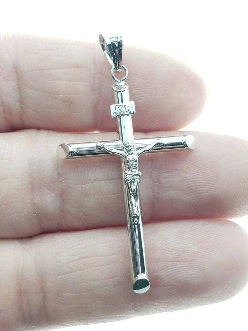 14K White Gold Lightweight Catholic Crucifix Cross INRI Pendant - 30×55mm