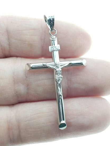 14K White Gold Lightweight Catholic Crucifix Cross INRI Pendant - 30×55mm