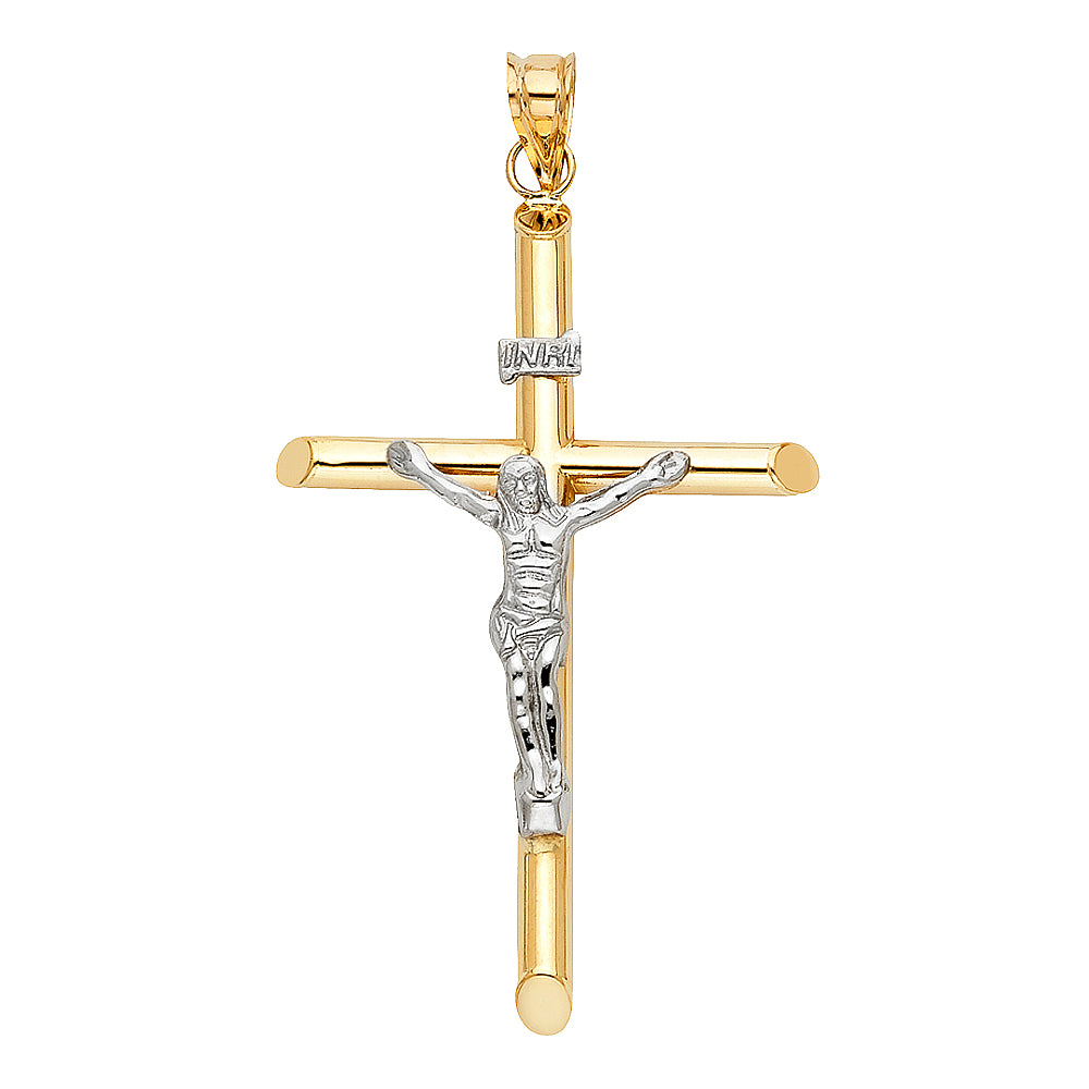 14K Real Two-Tone Gold INRI Crucifix Cross Religious Pendant - 60x35 mm