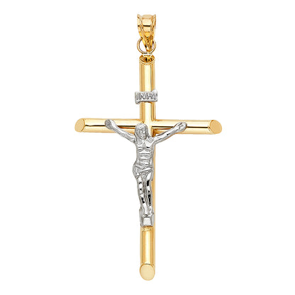 14K Real Two-Tone Gold INRI Crucifix Cross Religious Pendant - 60x35 mm