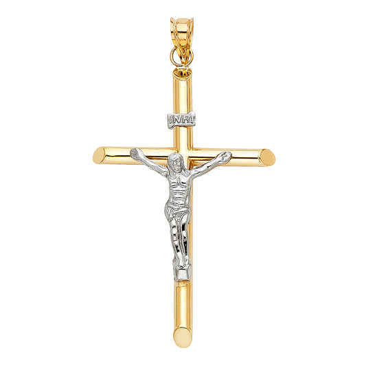 14K Real Two-Tone Gold INRI Crucifix Cross Religious Pendant - 60x35 mm