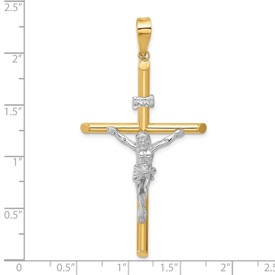 14K Real Two-Tone Gold INRI Crucifix Cross Religious Pendant - 60x35 mm