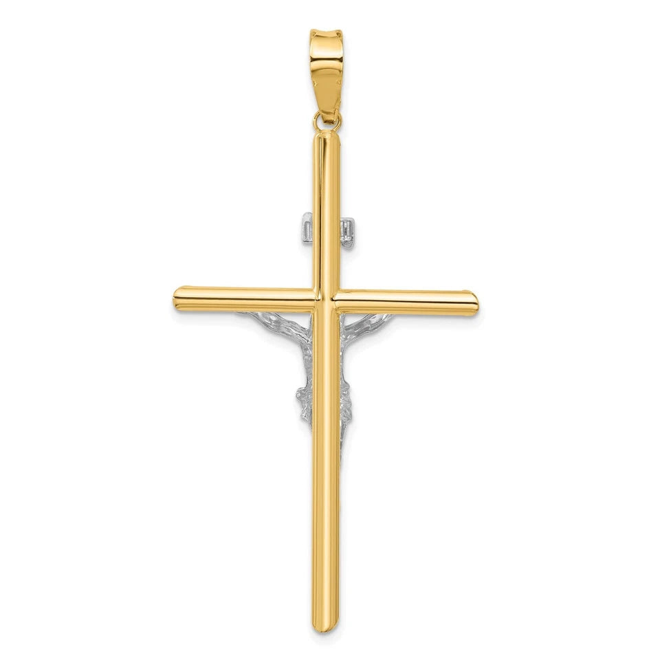 14K Real Two-Tone Gold INRI Crucifix Cross Religious Pendant - 60x35 mm