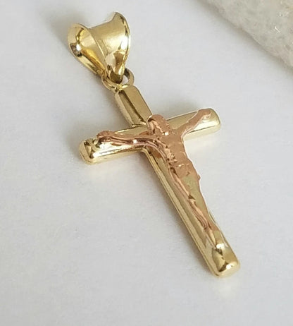 14K Two-Tone Yellow & Rose Gold Crucifix Cross Religious Pendant