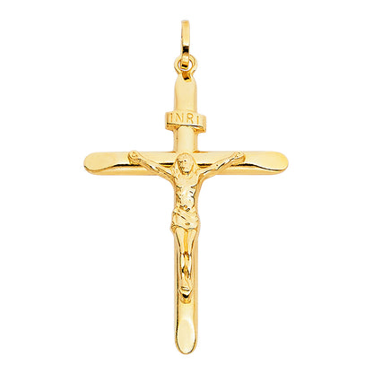 14K Solid Yellow Gold Crucifix Cross INRI Jesus Christ Catholic Pendant - 31x43mm