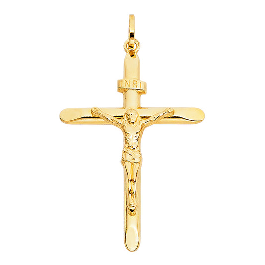 14K Solid Yellow Gold Crucifix Cross INRI Jesus Christ Catholic Pendant - 43×31mm