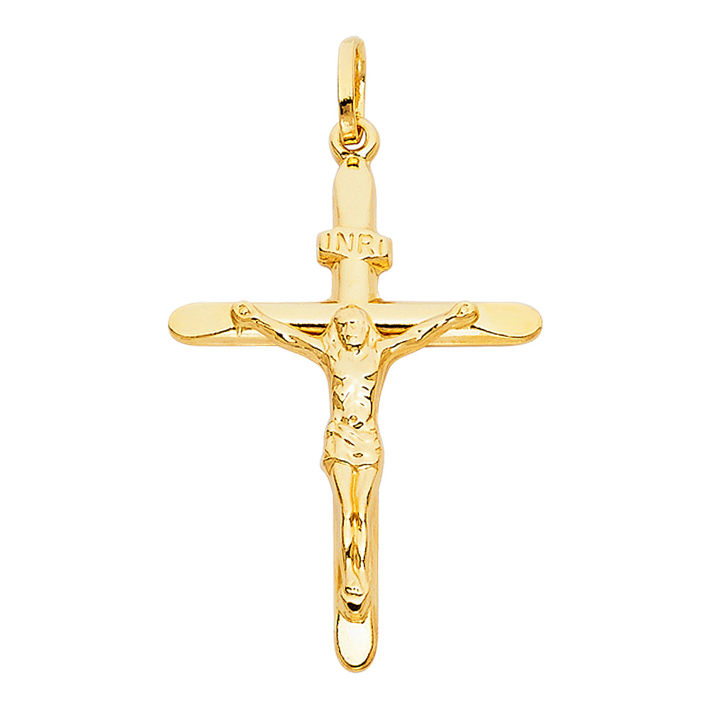 14K Solid Yellow Gold Crucifix Cross INRI Jesus Christ Pendant - 27x37mm