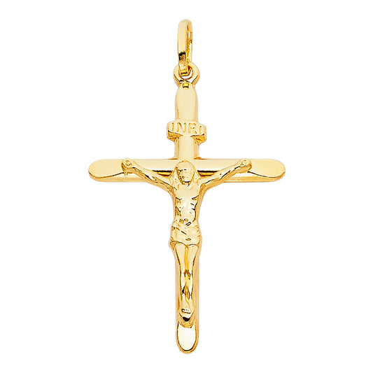 14K Solid Yellow Gold Lightweight Crucifix Cross INRI Jesus Christ Religious Pendant - 37x27mm
