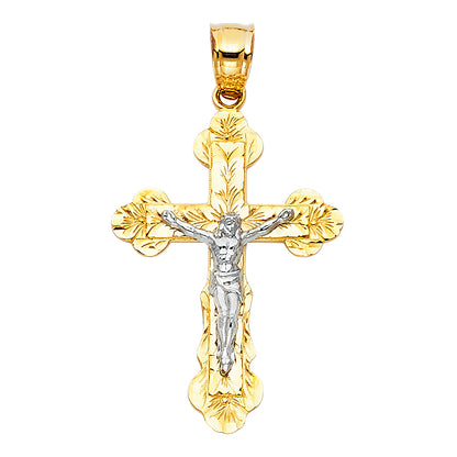 Gold cross pendant with Jesus figure on a white background