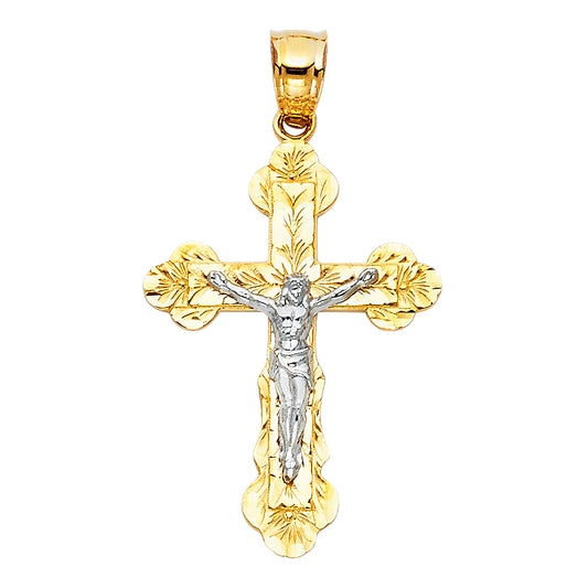 Gold cross pendant with Jesus figure on a white background