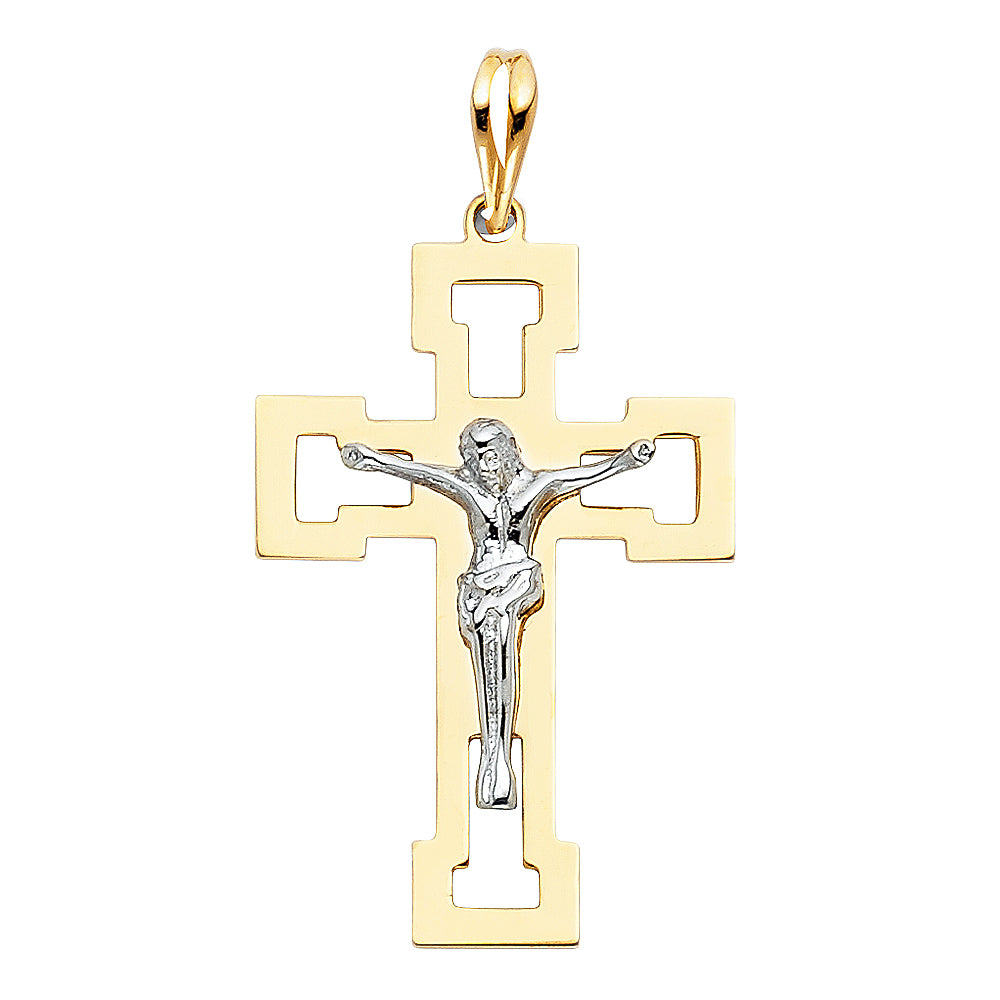 Gold cross pendant with a figure on a white background