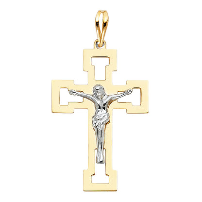 Gold cross pendant with a figure on a white background