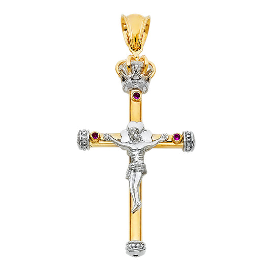 14K Two-Tone Gold Catholic Crowned Crucifix Cross Charm Religious Pendant - 52x31 mm