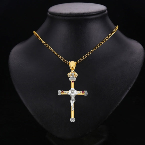 14K Two-Tone Gold Catholic Crowned Crucifix Cross Charm Religious Pendant - 52x31 mm