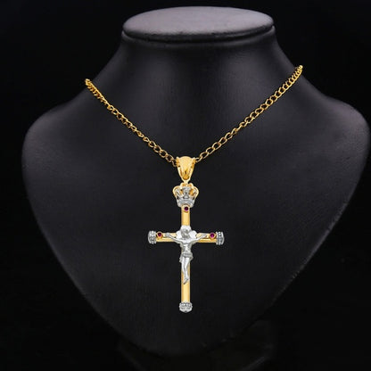 14K Two-Tone Gold Catholic Crowned Crucifix Cross Charm Religious Pendant - 52x31 mm