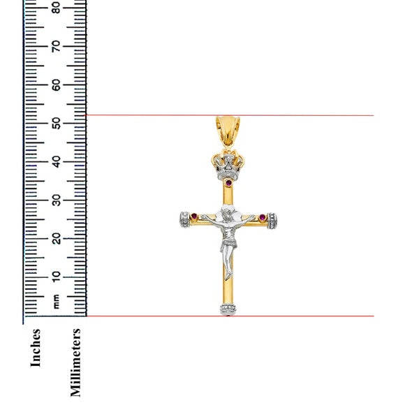 14K Two-Tone Gold Catholic Crowned Crucifix Cross Charm Religious Pendant - 52x31 mm