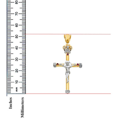 14K Two-Tone Gold Catholic Crowned Crucifix Cross Charm Religious Pendant - 52x31 mm