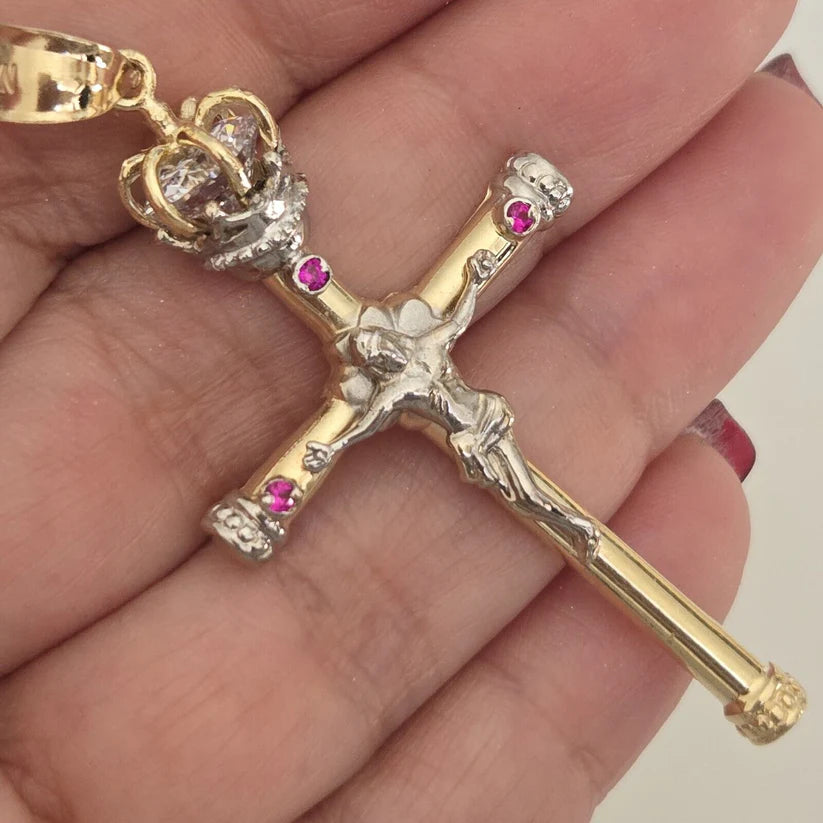 14K Two-Tone Gold Catholic Crowned Crucifix Cross Charm Religious Pendant - 52x31 mm