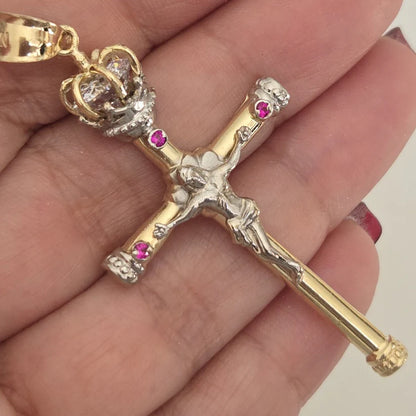 14K Two-Tone Gold Catholic Crowned Crucifix Cross Charm Religious Pendant - 52x31 mm