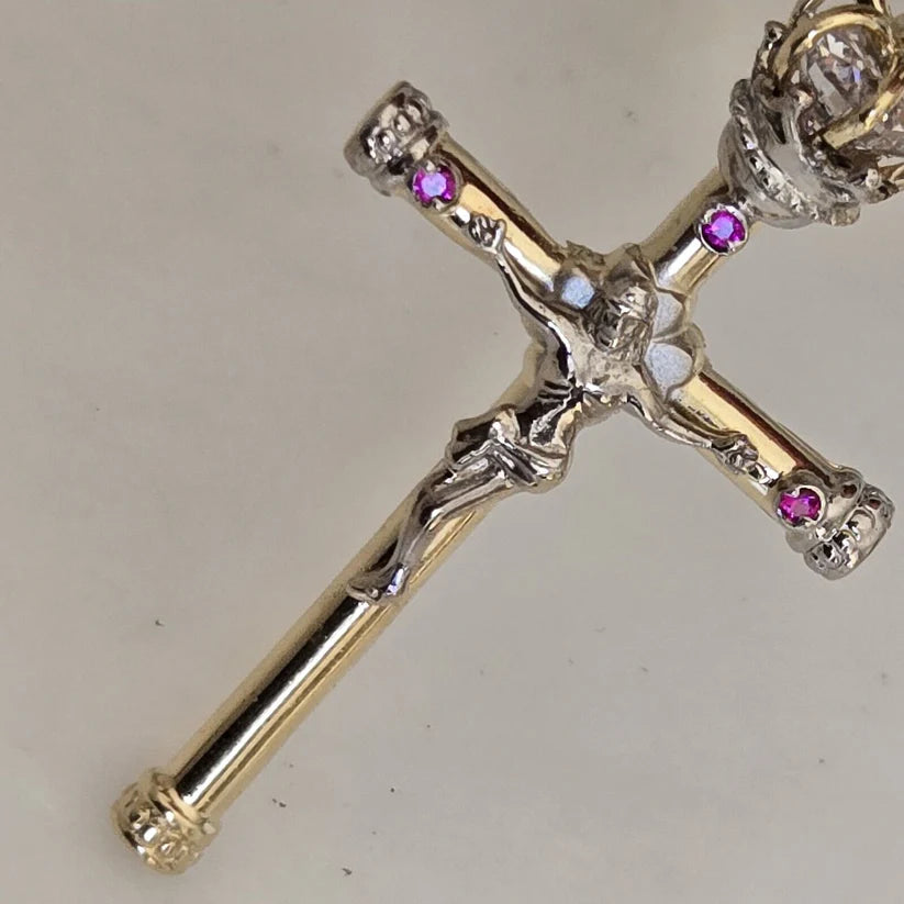 14K Two-Tone Gold Catholic Crowned Crucifix Cross Charm Religious Pendant - 52x31 mm