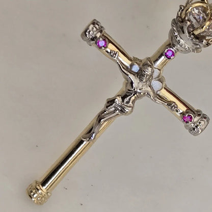 14K Two-Tone Gold Catholic Crowned Crucifix Cross Charm Religious Pendant - 52x31 mm