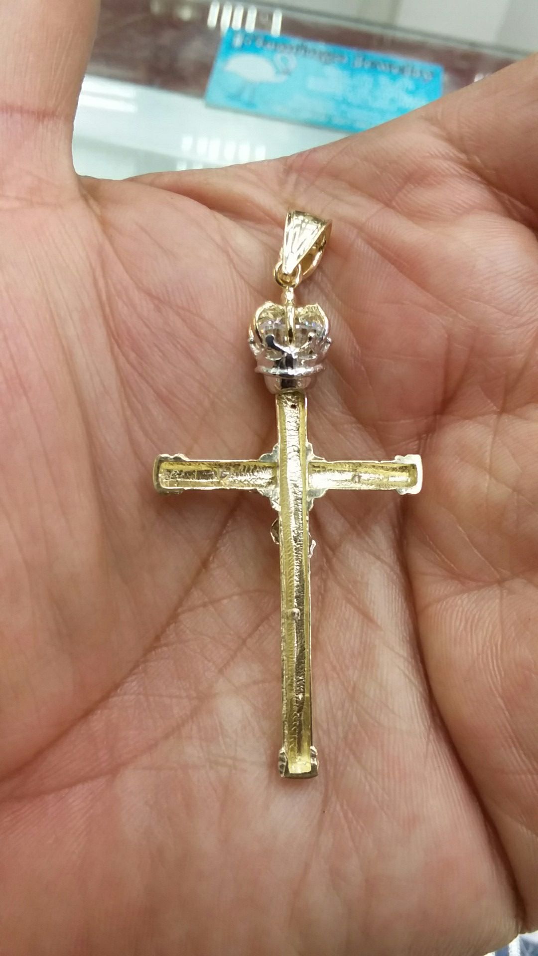 14K Two-Tone Gold Catholic Crowned Crucifix Cross Charm Religious Pendant - 52x31 mm