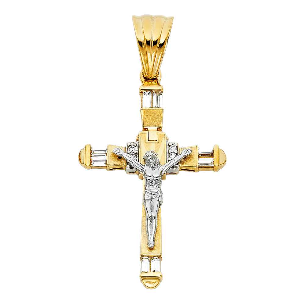 14K Two-Tone Gold Cubic Zirconia Fancy Crucifix Cross Charm Religious Pendant
