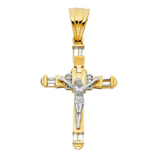 14K Two-Tone Gold Cubic Zirconia Fancy Crucifix Cross Charm Religious Pendant