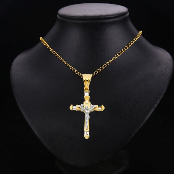 14K Two-Tone Gold Cubic Zirconia Fancy Crucifix Cross Charm Religious Pendant